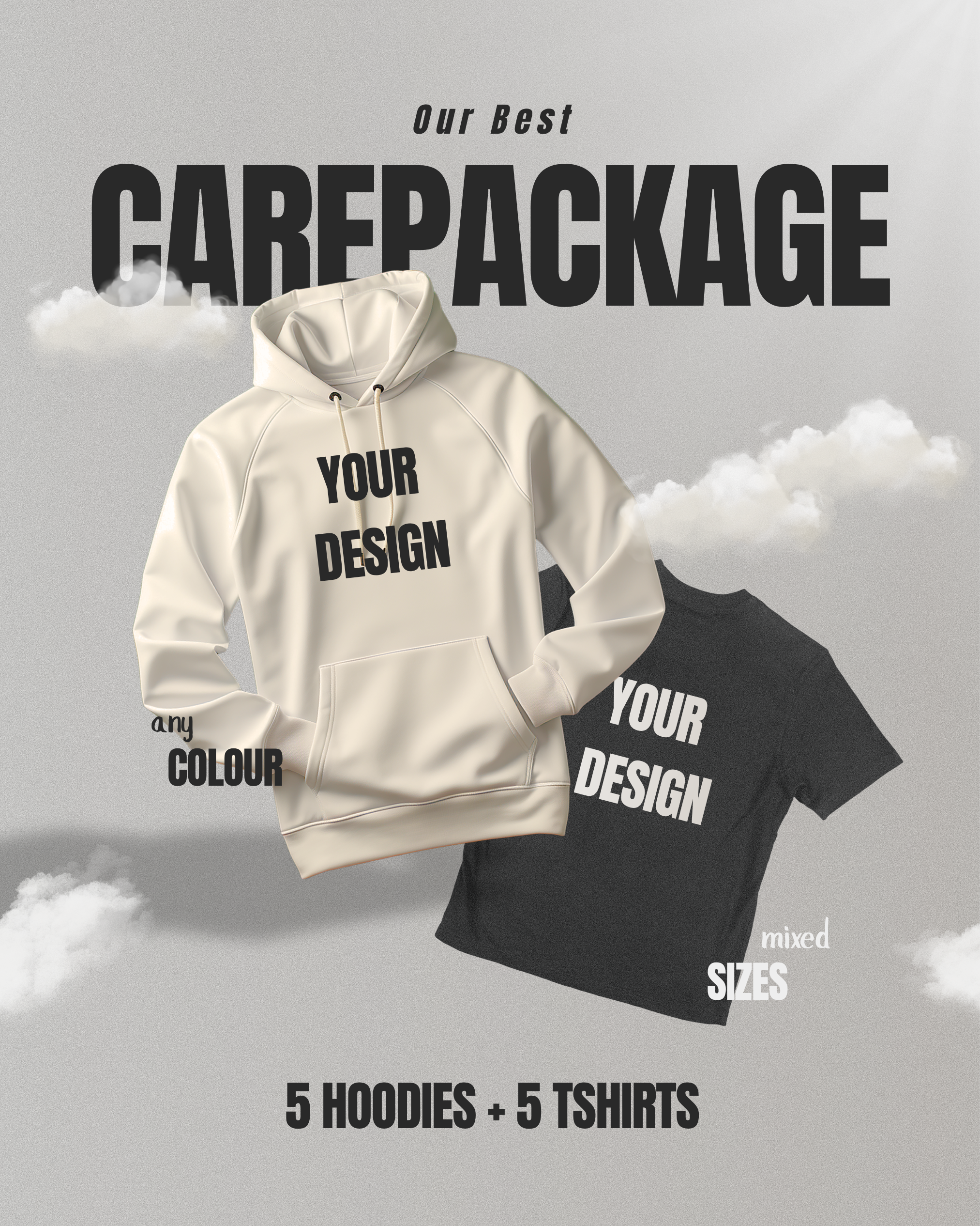 Apparel Starter Bundle – 5 Hoodies + 5 T-Shirts + Print Included